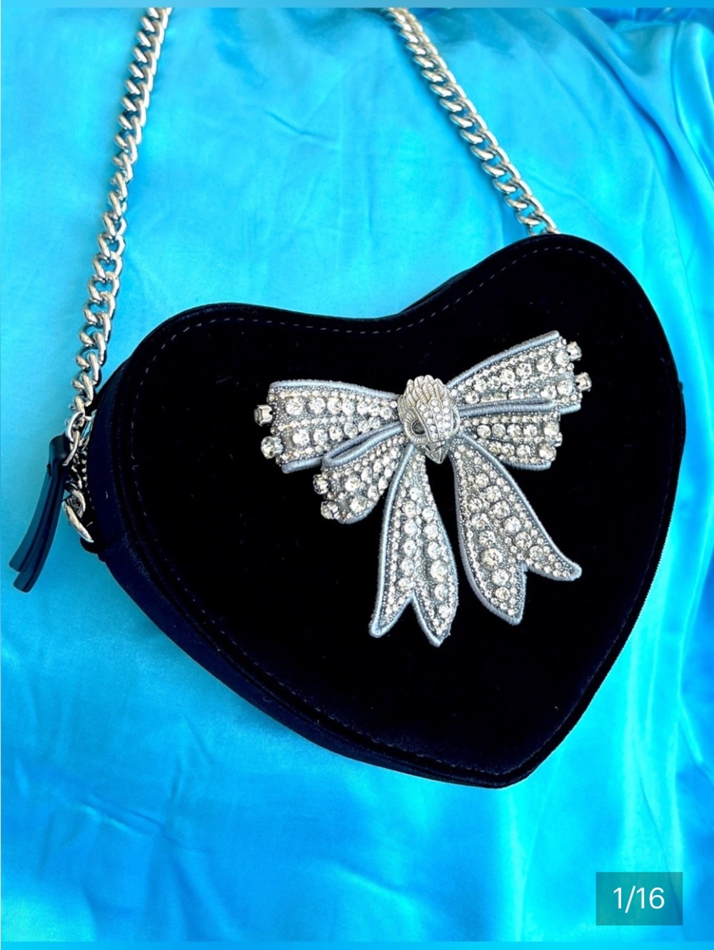 KURT GEIGER Velvet Heart Crystal Bow evening crossbody bag black NWT